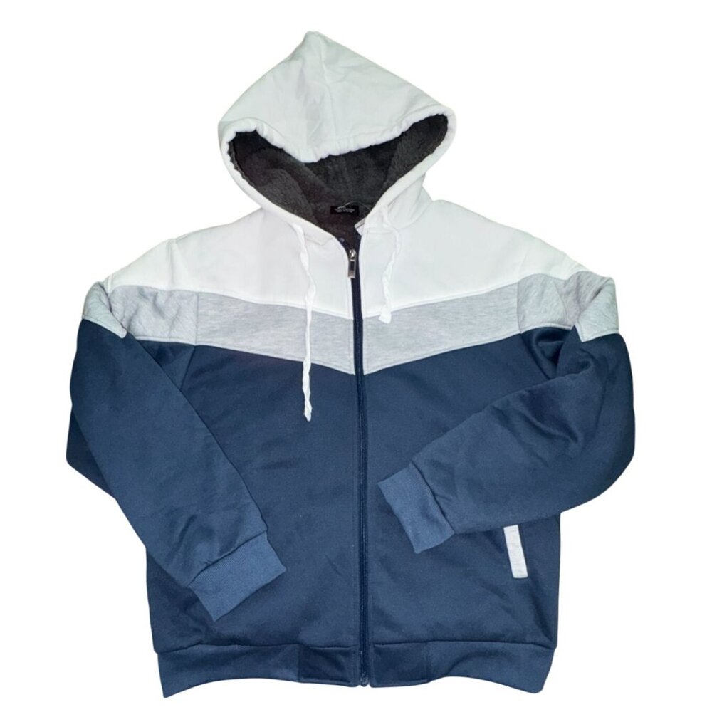 Mens Full Zip Fleece Lined Hoodie/Sweatshirt/Blue/Gray/White-L-NWT